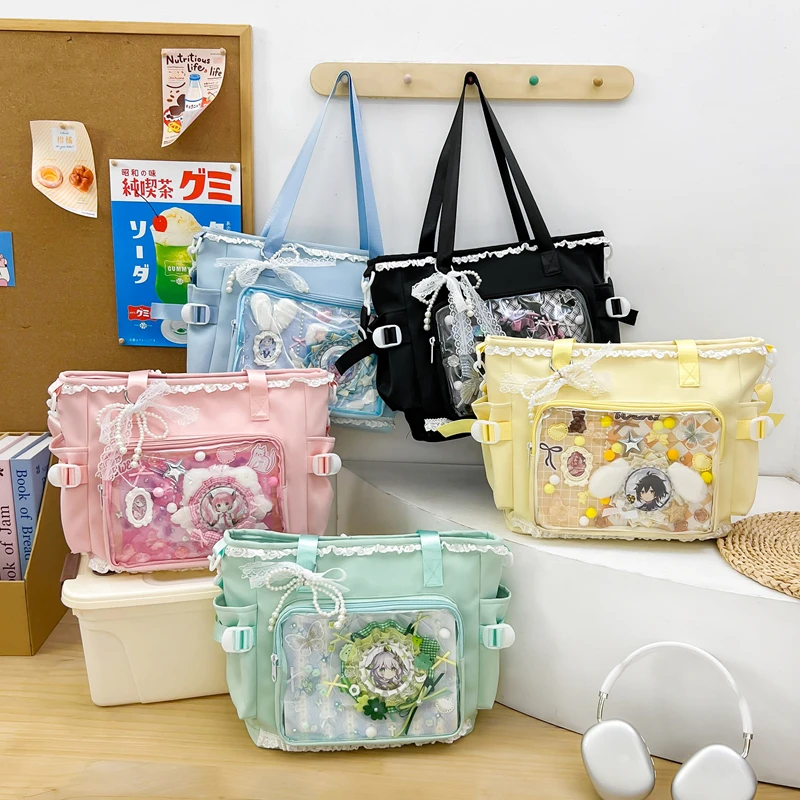 Girls Lolita Kawaii Lace Itabag Transparent Window Tote Bag Cute Pearl Bow Shoulder Bag for Anime Pin Display Pastel Green