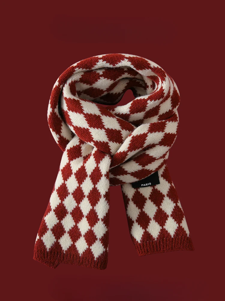 

Red Scarf Women's Winter Korean Plaid Versatile Christmas Knitting Yarn Premium Student Scarf Christmas