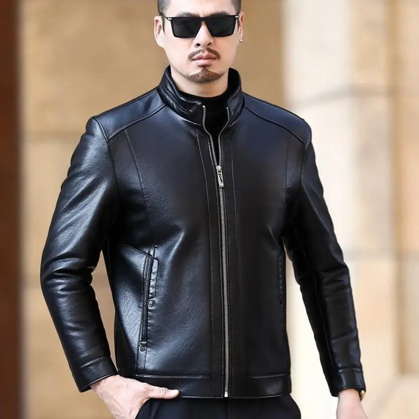 

Sheepskin Leather Jacket Men's Stand-up Collar Business Casual Fur One-piece Men's Super Soft SE Plush Liner Warm Jacket