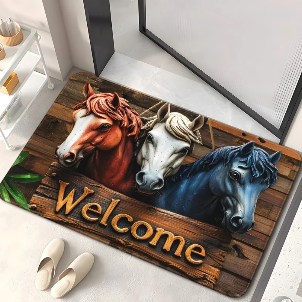 Three Horse Welcome graphics welcome rug entryway hallway indoor space Entry Door Mat home decor Christmas Present