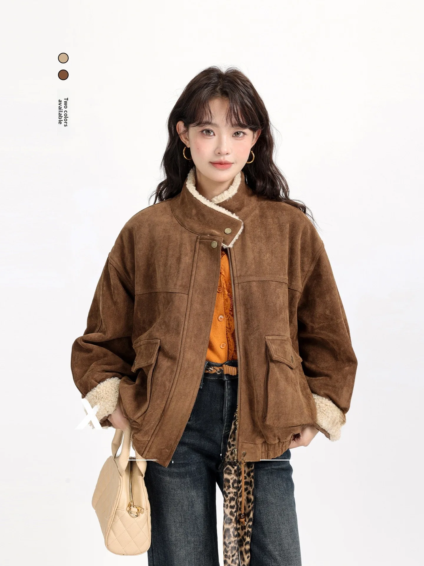 

Sli Ретро ягненка с мехом ягненка, зимнее пальто с воротником-стойкой на подкладке, корейское замшевое теплое женское пальто с воротником-стойкой