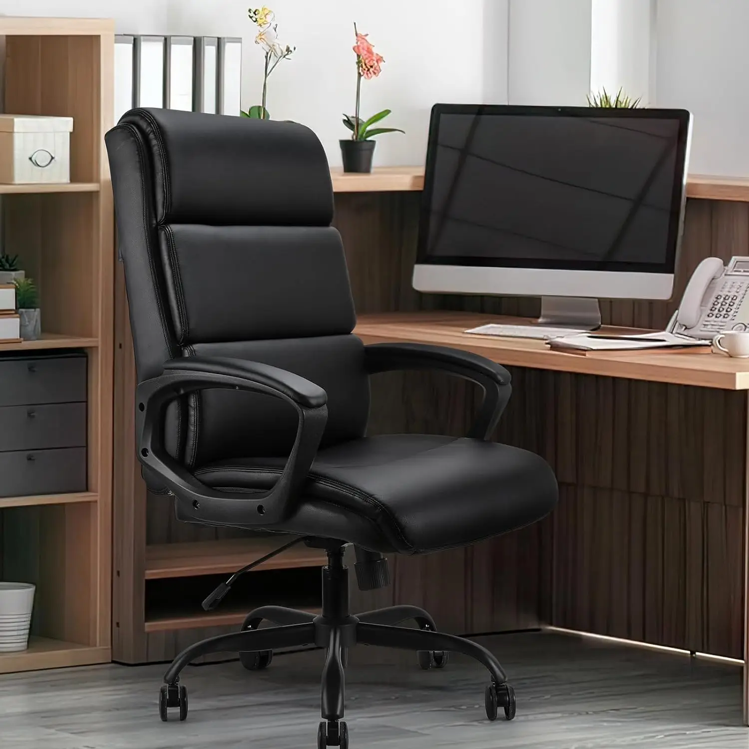 

PU Leather Executive Office Desk Chair Home Computer Chair High Back Meeting Conference Chair Thickened Cushion Black