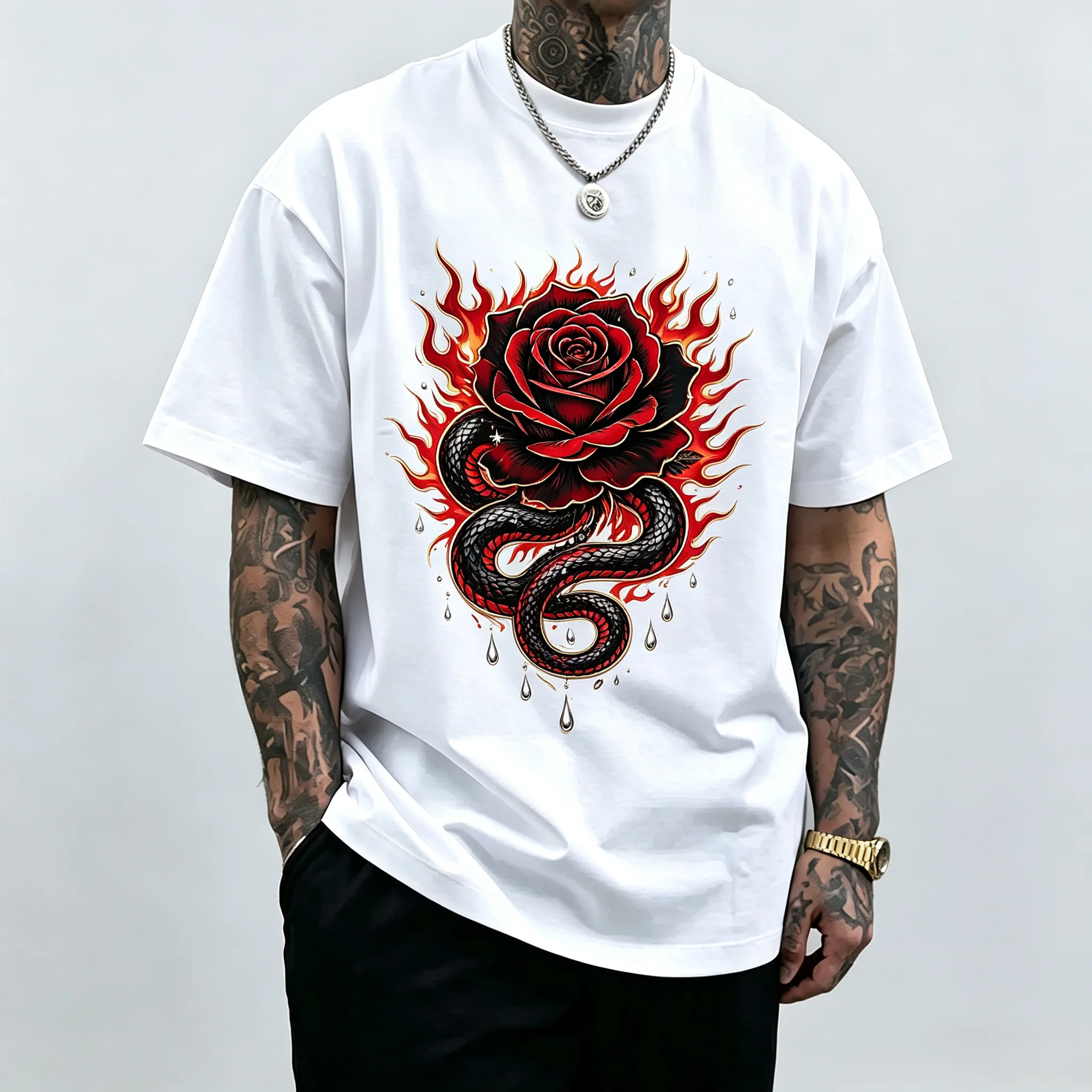 Unisex Fire Snake Black Red Rose T-Shirt Gothic Vintage Tattoo Graphic Tee Dark Aesthetic Oversized White Short Sleeve Streetwear For Men And Women