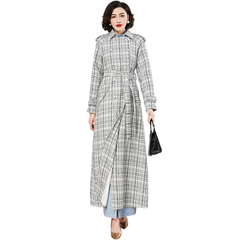 

2025 Office Lady Autumn Trench Double Breasted Jackets Plaid Pockets Korean Fashion Long Coat Women Turn-down Collar Outwear