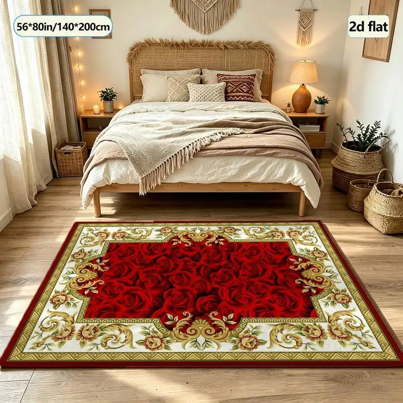 Bright Red Rose Floral Carpet with Golden Border, Luxurious Square Carpet, Non-Slip Decorative Carpet Suitable for Living Room and Bedroom