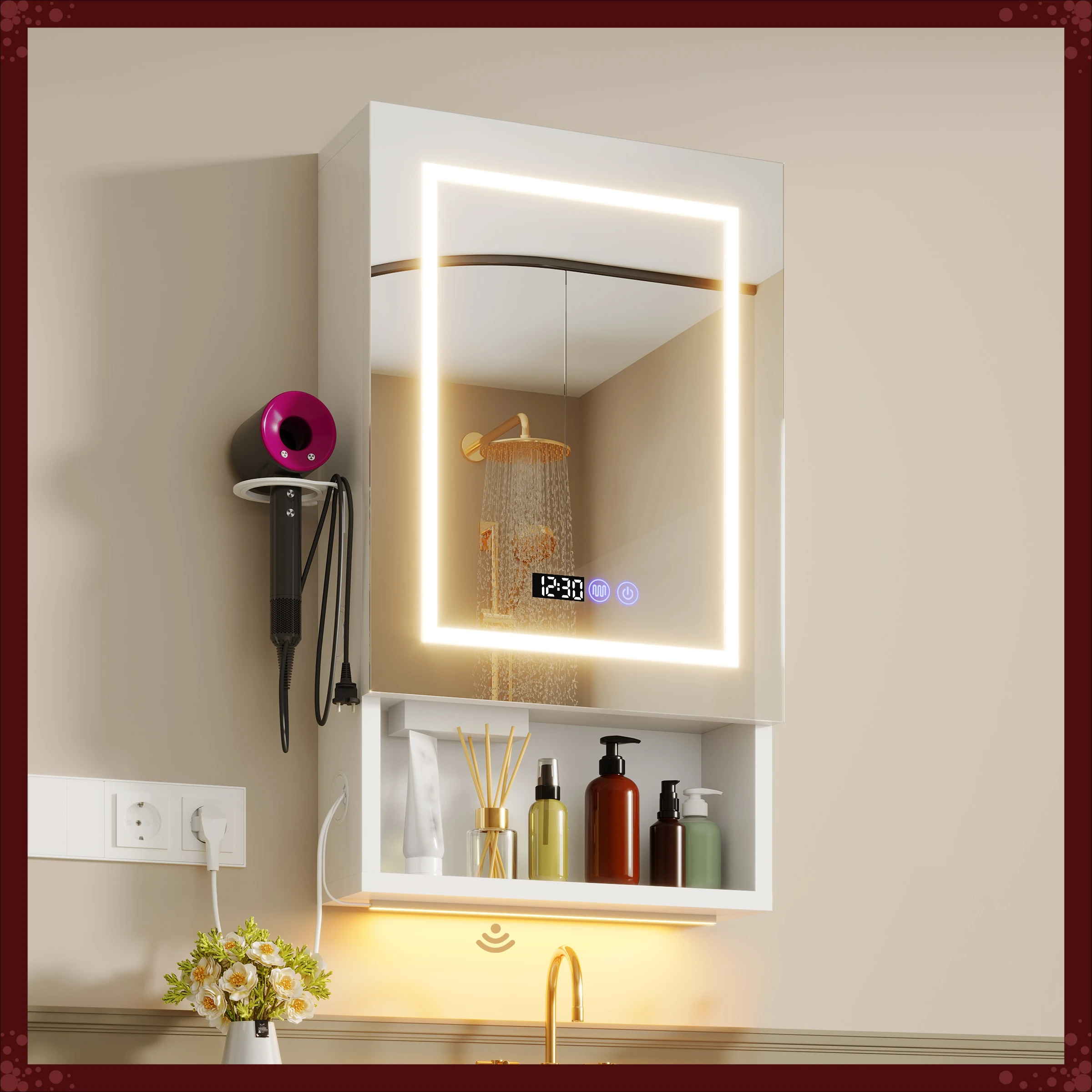 Armoire de salle de bain LED avec miroir anti-buée, lumière réglable en 3 couleurs, avec 2 prises AC/2 ports USB, organisateur gain de place, armoire murale de salle de bain