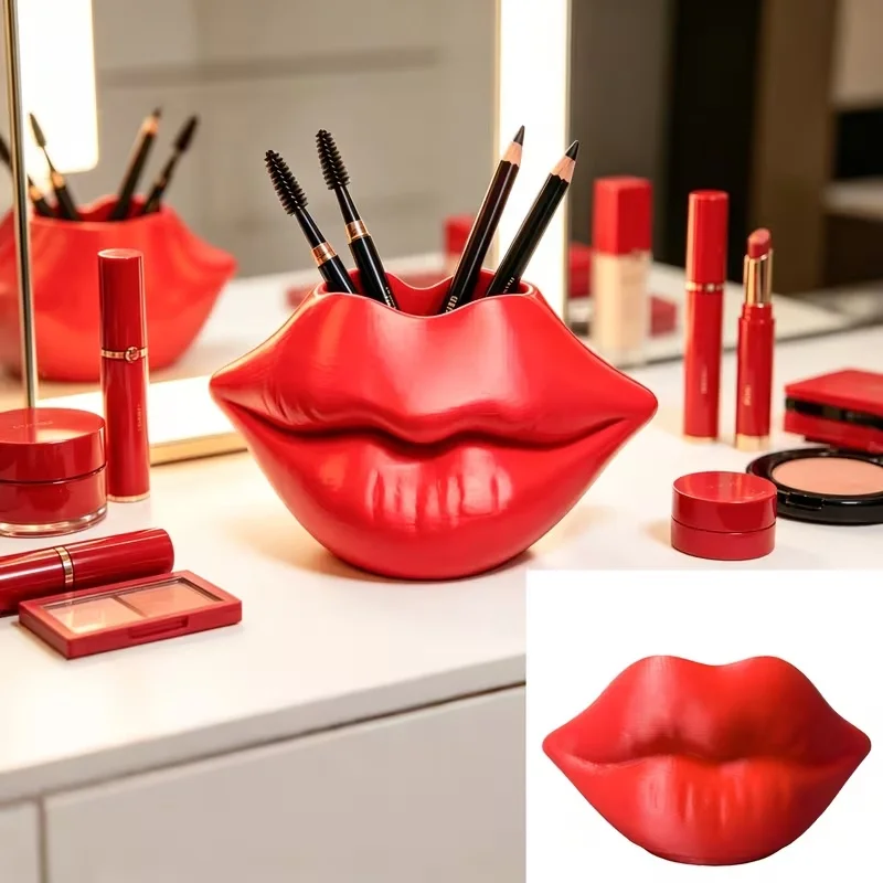 3D‑Printed Red Lips‑Shaped Plastic Storage Vase Creative Lip‑form Makeup Brush Holder Romantic Valentine Desktop Decor Ornament