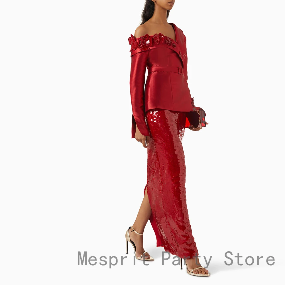 Robe de bal fourreau à paillettes personnalisée, asymétrique épaule dénudée, manches longues, robe de soirée de mariage formelle, longueur cheville, robe saoudienne