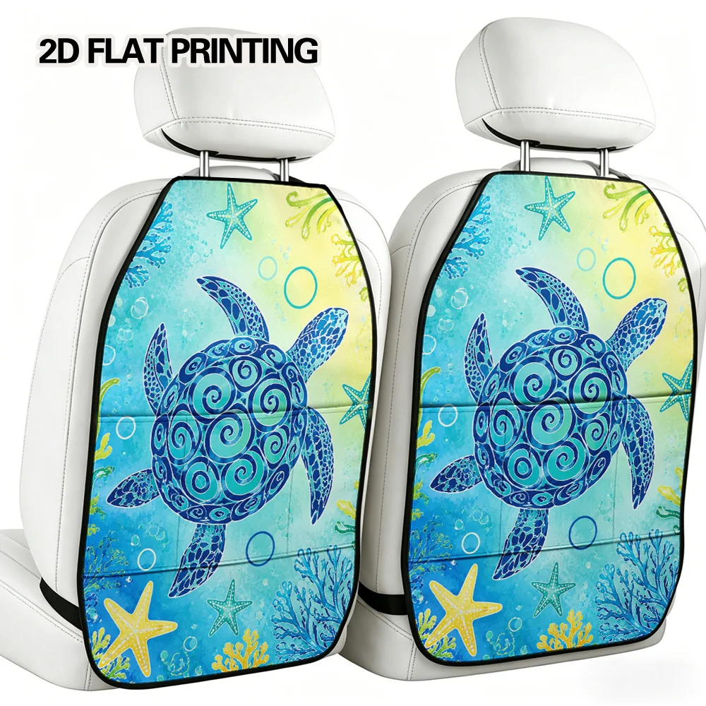 2D Flat, 2pcs Car Seat Kick Mats With Organizer - Underwater Swirl Turtle Designed Storage Bag For Seat Back, Versatile Backseat