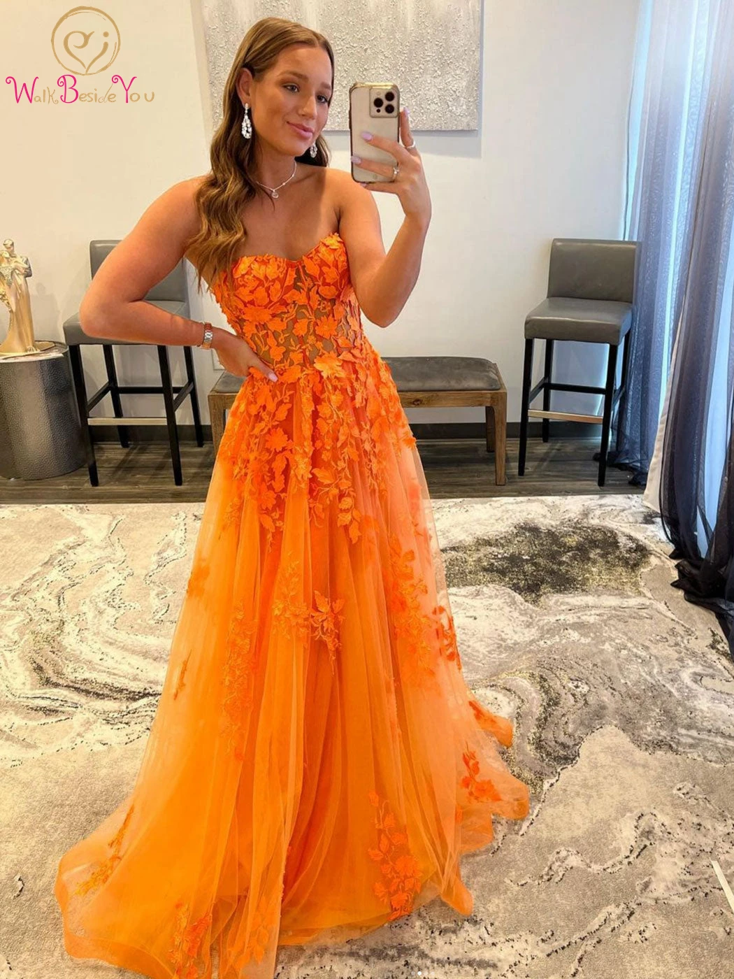 Oranje Kant Applicaties Prom Dresses 2023 Illusion Sweetheart Strapless Tulle Een Line Sweep Trein Avondjurken Afstuderen Partij