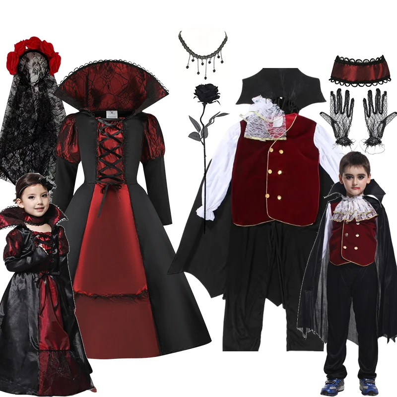 

Детское платье для косплея на Хэллоуин для девочек, платье-призрак невесты в рубчик с пышными рукавами, детский карнавальный костюм, готический костюм вампира с черной лентой