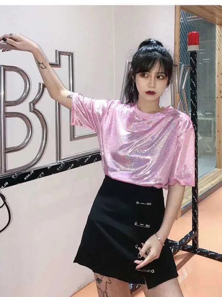 New summer retro style stylish bright silk woman tops shiny loose short sleeve t-shirt sexy club aesthetic harajuku women tshirt