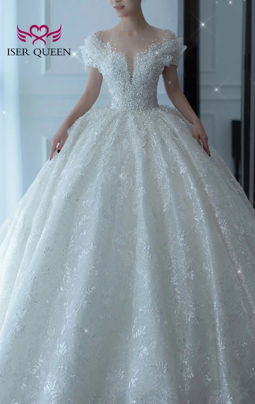 ที่กําหนดเองพิเศษแขนไข่มุกลูกปัดชุดแต่งงานชุดบอลลูกไม้ Appliques สวย Civil ชุดแต่งงานสําหรับเจ้าสาว WX0333