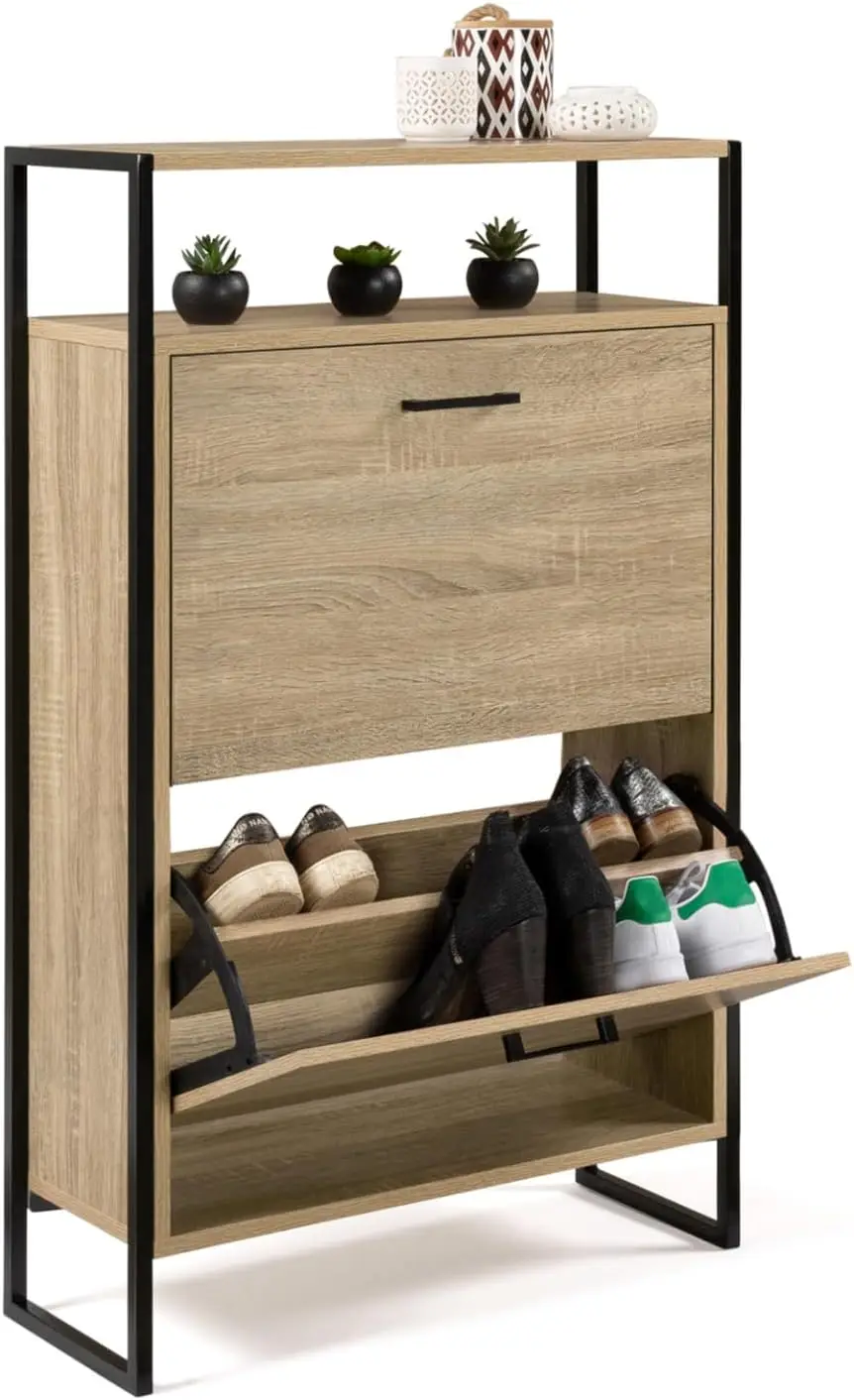 Zapatero de 2 puertas con 12 pares de capacidad y estante superior, diseño industrial