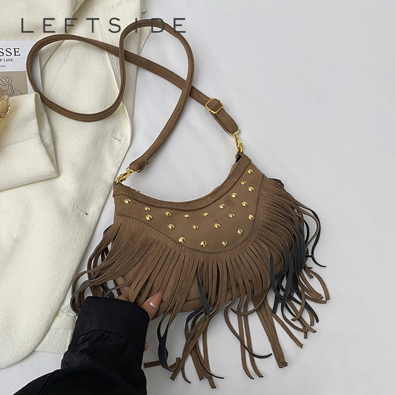 

LEFTSIDE Rivets Design Small PU Leather Shoulder Bags for Women 2025 New Tassels Crossbody Bag Females ​Handbags and Purses
