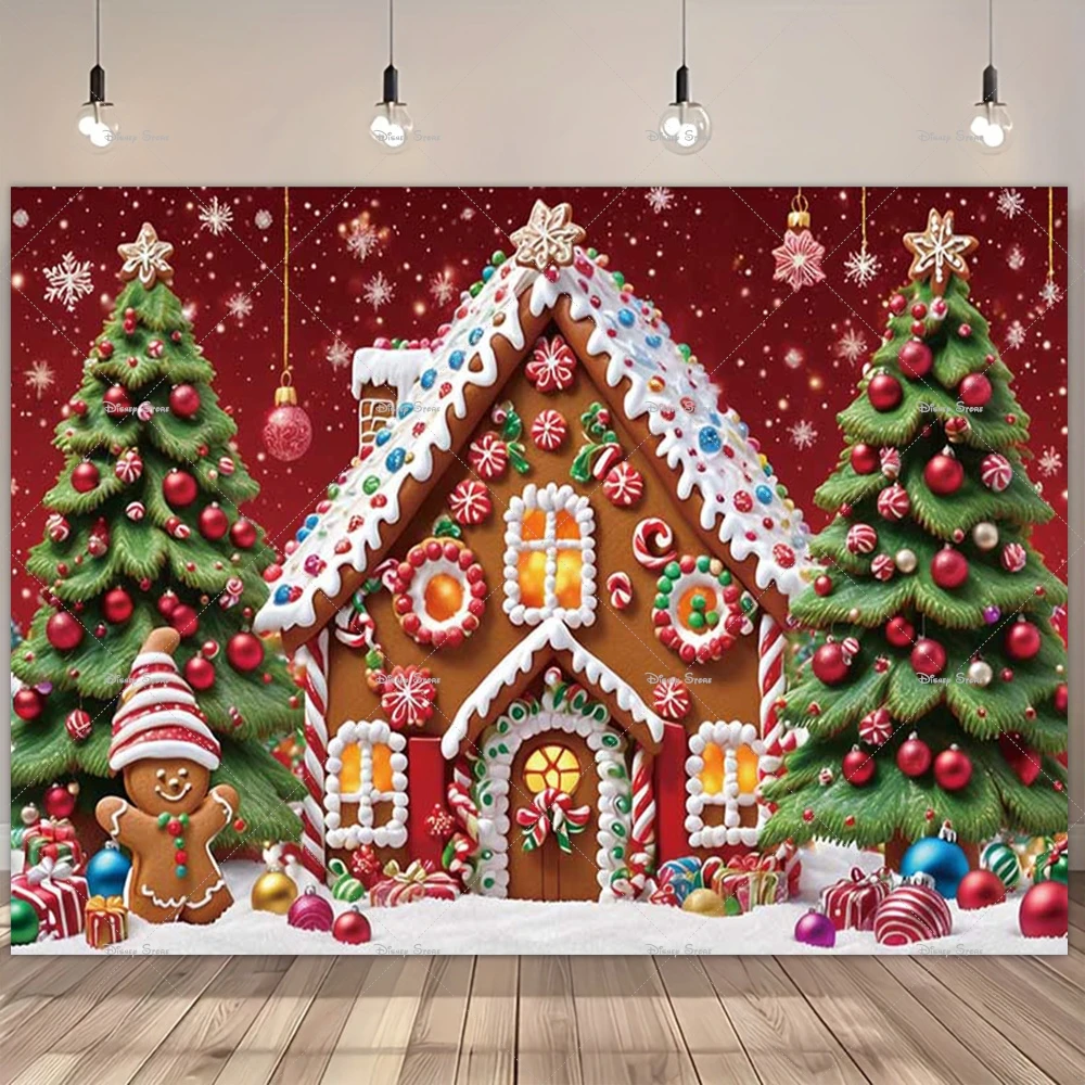 Snowy Gingerbread House Photography Background Glitter Xmas Tree Lantern Gift Backdrop Booth Kid Winter Birthday Portrait Studio