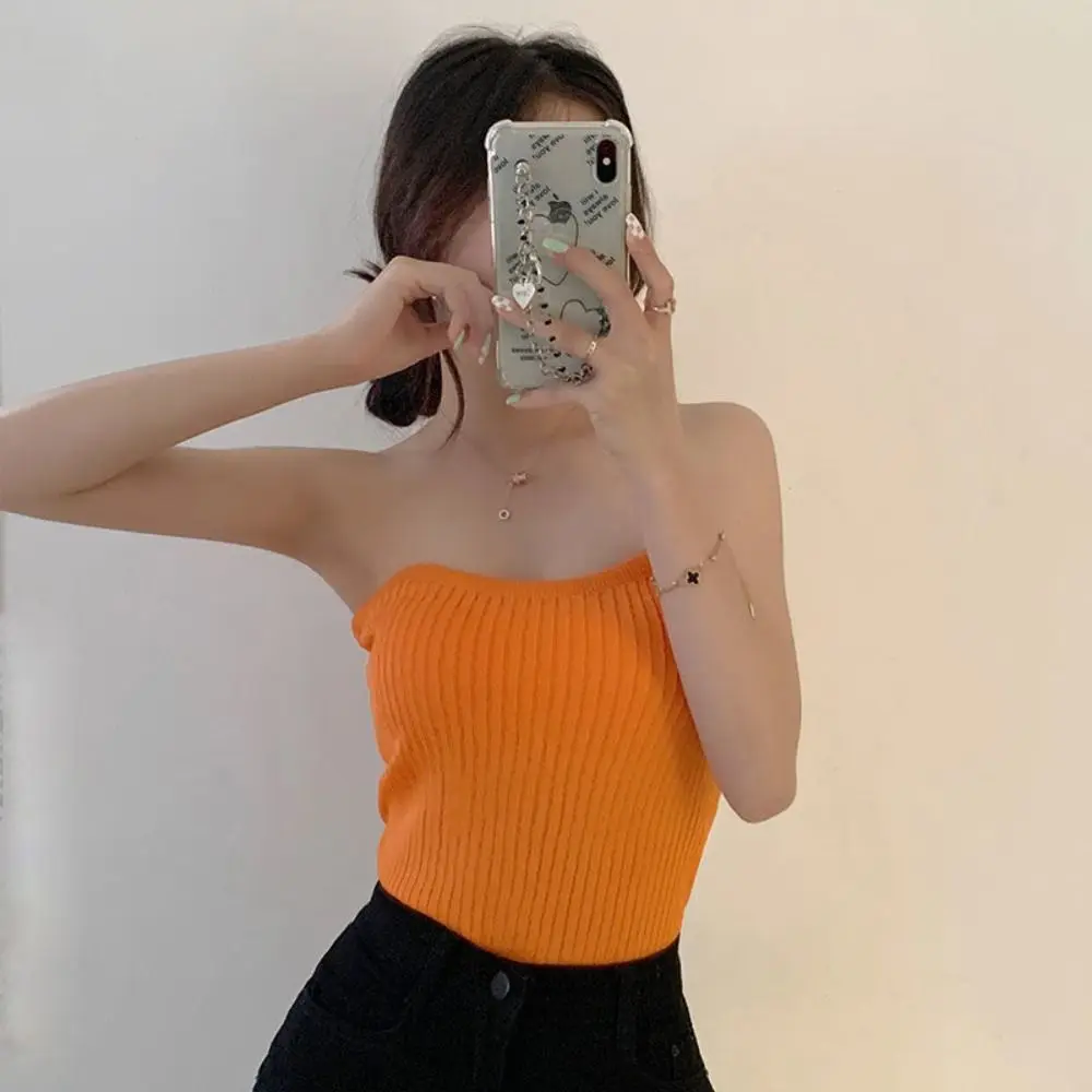 Womens 2024 Tube Tops Colorful Summer Sweater Knit Bandeau Strapless Ribbed Knit Sleeveless Y2K Corset Crop Top