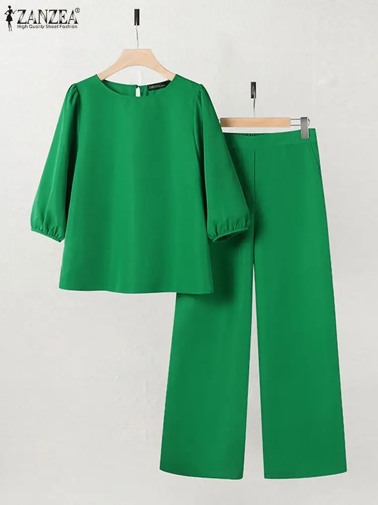 ZANZEA Elegant OL Work Pant Sets Women Outfits Summer Solid Blouse Wide Leg Trousers Suit 2PCS Tracksuits Matching Sets