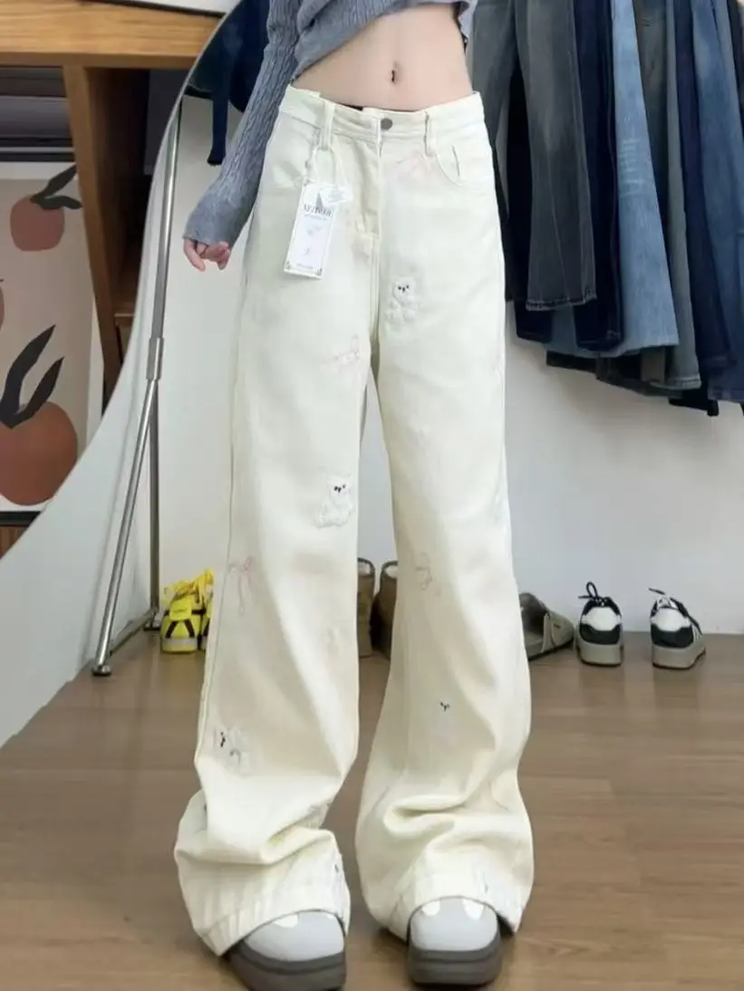 

Повседневные широкие джинсы с вышивкой, женские весенне-осенние свободные удобные прямые брюки, корейские брюки с высокой талией