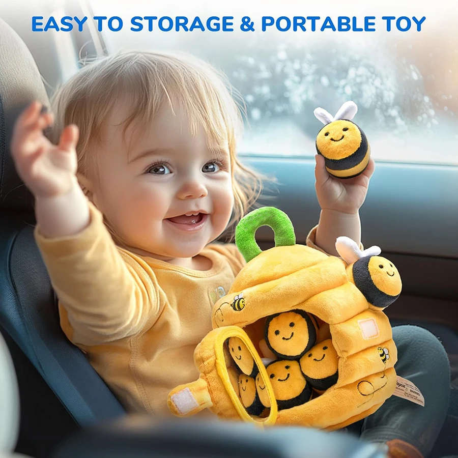 Baby Toys 6-12 Months Soft Baby Beehive with 5 Sensory Bee Rattle Mirror Crinkle Squeaker Busy Montessori Soft Toy for Toddlers