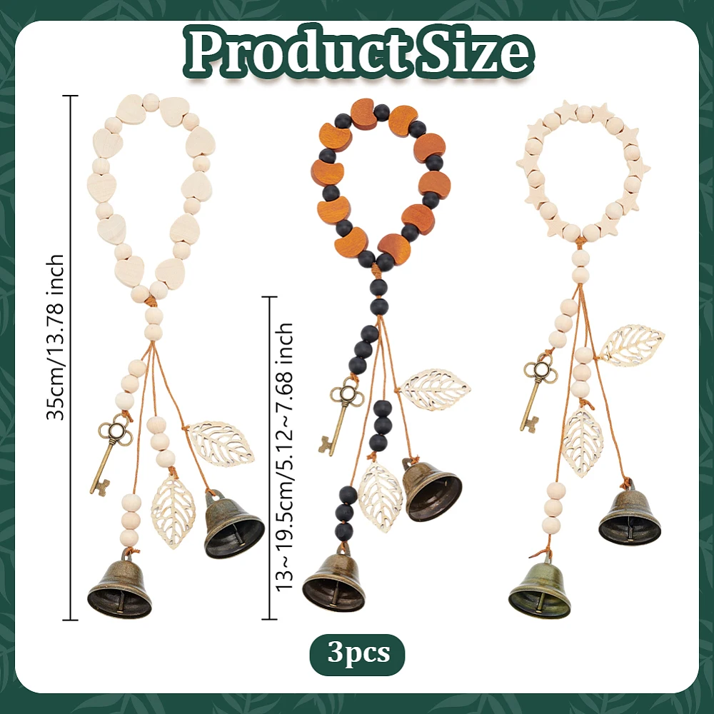 3Pcs Bells Protection for Door Knob Bells Door Knob Hanger Bell Decor Wood Beads Magic Keys Bells Wind Chimes for Witchy Room