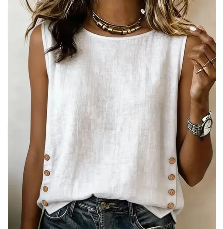 Camisa Elegante de Moda para o Verão, Nova Camisa Feminina de Gola Redonda Casual Solta com Botões em Algodão e Linho, Camisa de Cor Sólida para Mulheres