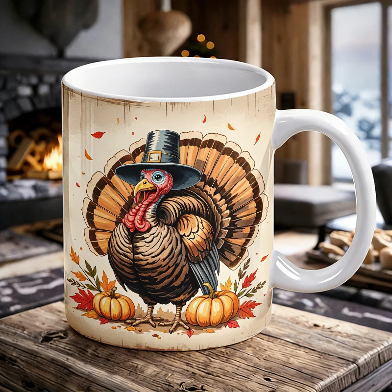 

11 oz Pumpkin Turkey Handle Ceramic Mug, Full-Print Pattern Coffee Cup, Insulated Milk Cup, Office Water Cup, Fade-Resistant