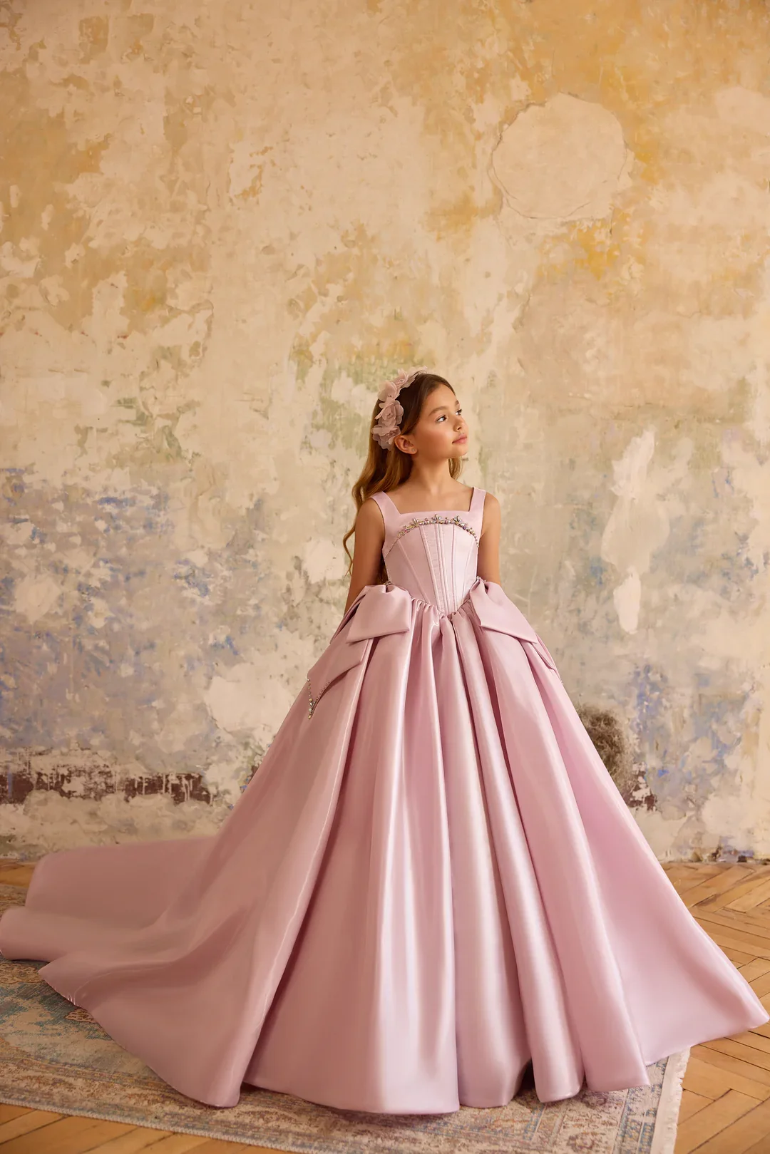 Elegant Pink Satin Girls Dress, Square Neck A-Line Ball Gown, Waist Butterfly Trail Flower Girl Dress, Wedding, Communion Party