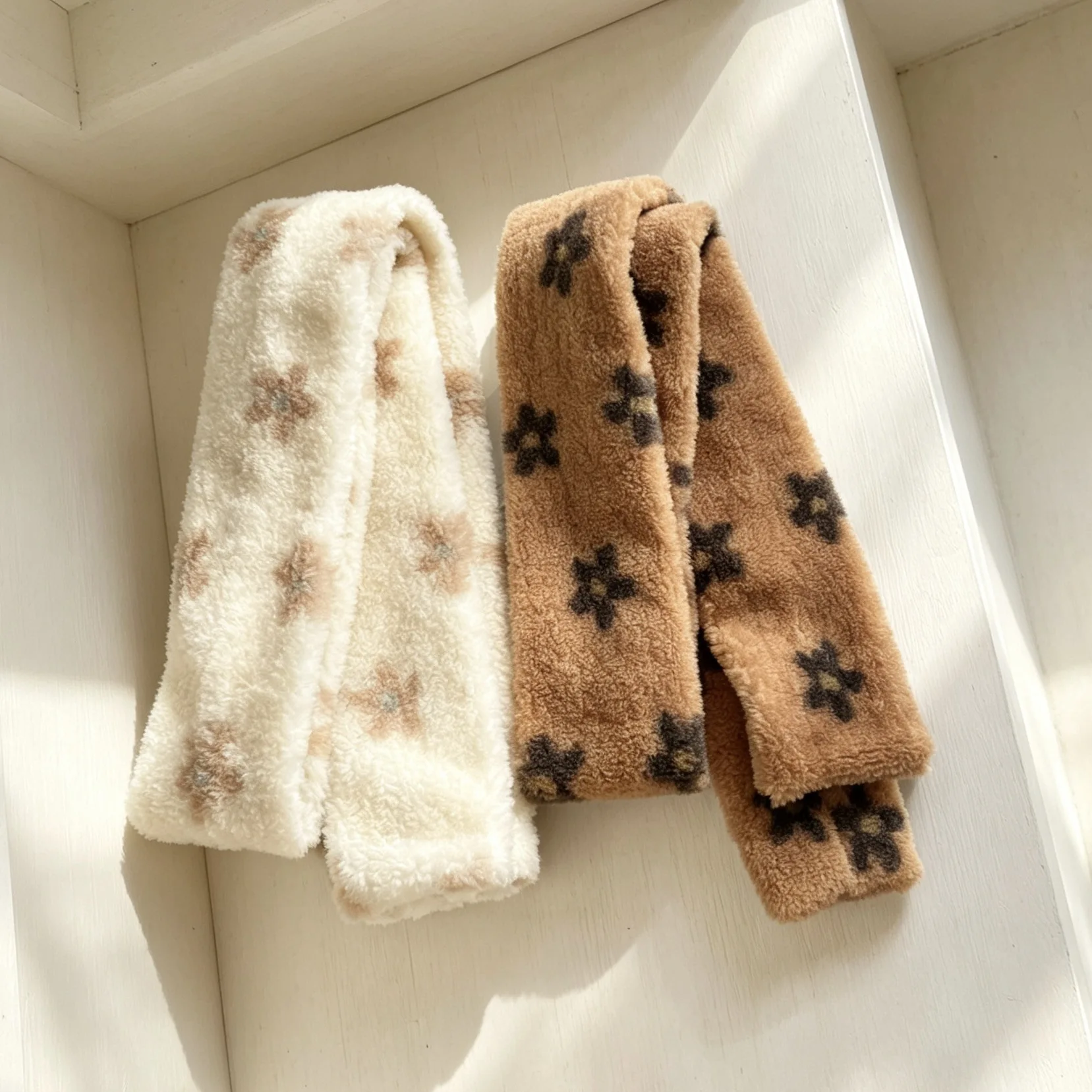 Faux Wool Soft Warm Girl Sweet Long Scarf Winter Japanese Fleece Lined Cute Flower Lamb Wool Scarf Outdoor Shopping Skiing Scarf