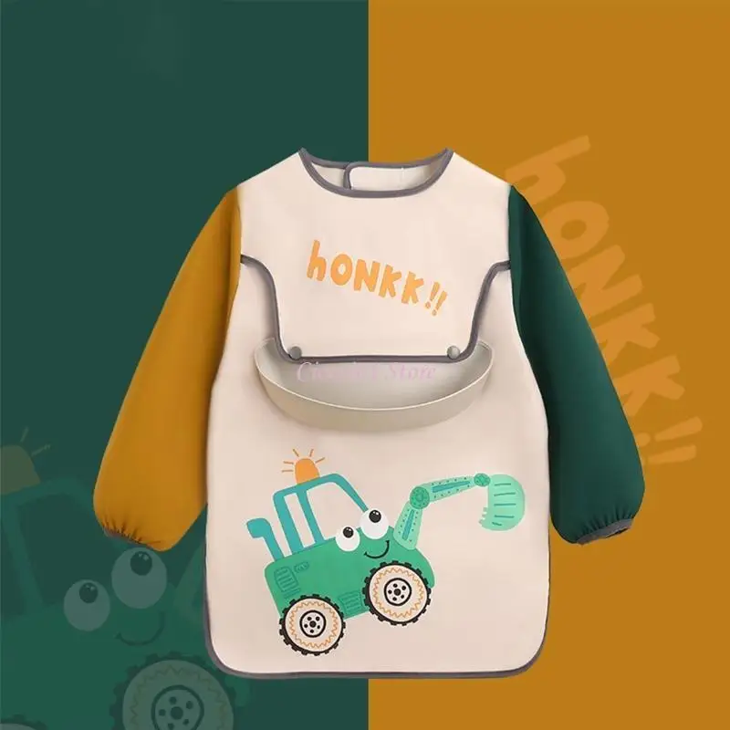 

Y1UB Waterproof Baby Cartoon Printed Bib Children Adjustable Long Sleeve Painting Apron Infant Feeding Smock Burp Cloth