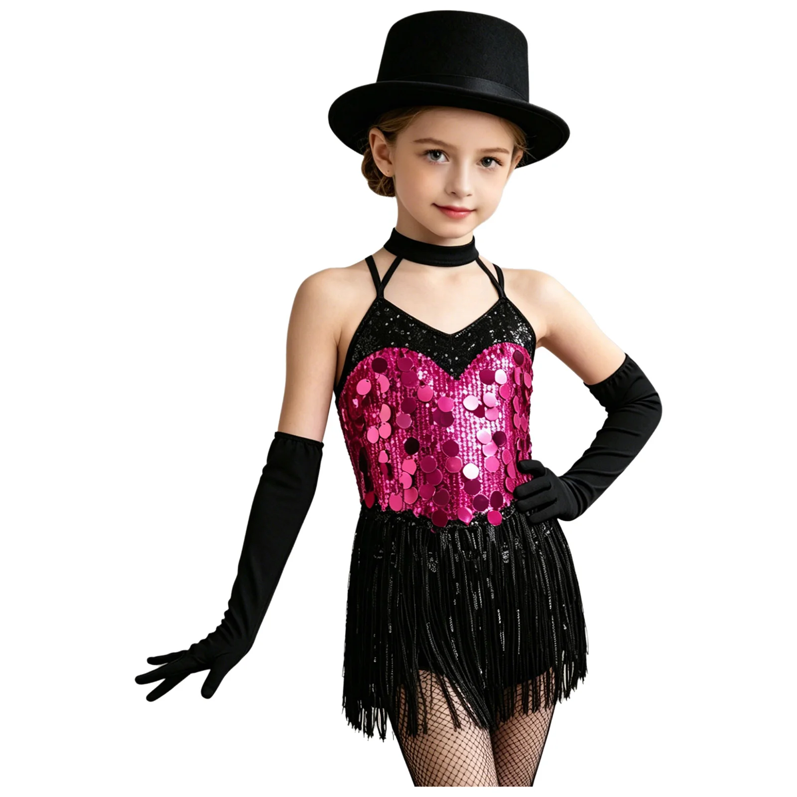 Kids Girls Jazz Latin Dance Dress Tassels Halter Sleeveless Sparkling Sequins Fringed Dress with Gloves for Stage Performance