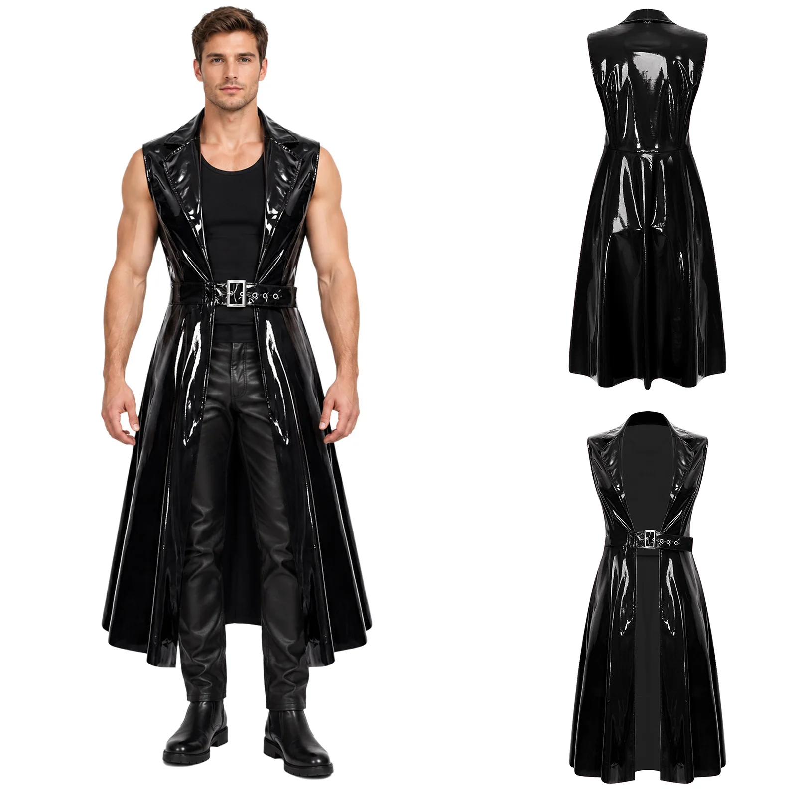 Mens Glossy PU Punk Long Trench Coat Sleeveless Open Front Adjustable Buckle Waist Jacket Blazer Outerwear for Cosplay Party