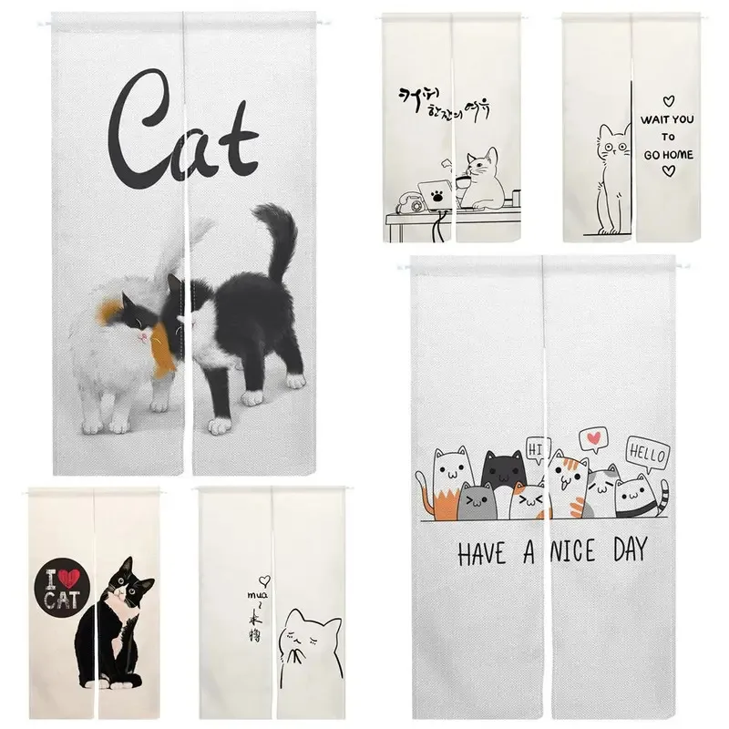 Japanese Door Curtain Hand Painted Cartoon Cat Partition Kitchen Living Room Entryway Half Curtain Noren Bathroom Doorway Decor