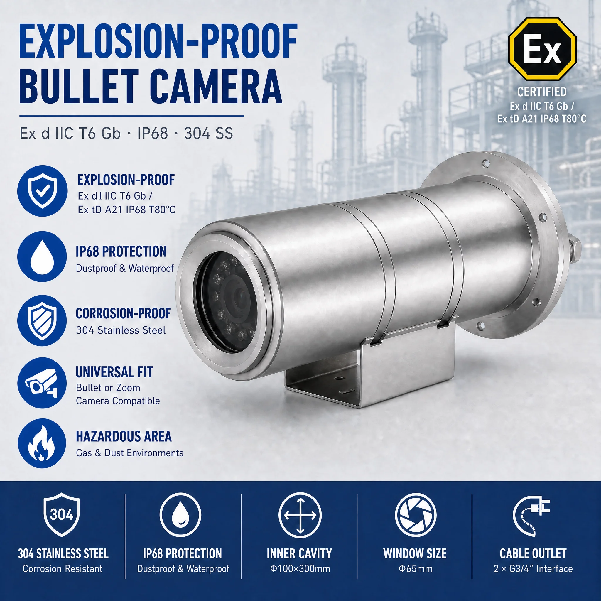 316L Stainless Steel 1 Year Warranty IP68 Fixed Industrial Petrochemical Security Monitoring HD Explosion Proof Bullet Camera