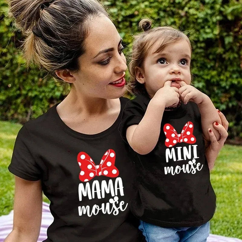 Matching Family Outfits Clothes Family Look MAMA & MINI Mouse Print T shirt Mom Daughter Cotton Tops Baby Girls Cute T-shirt