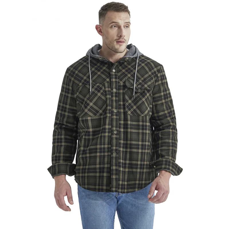 

2025 US Size-Border Men's Fashion Plaid Shirt Fleece Lined Plus Size Winter Windproof Warm Hooded Cotto