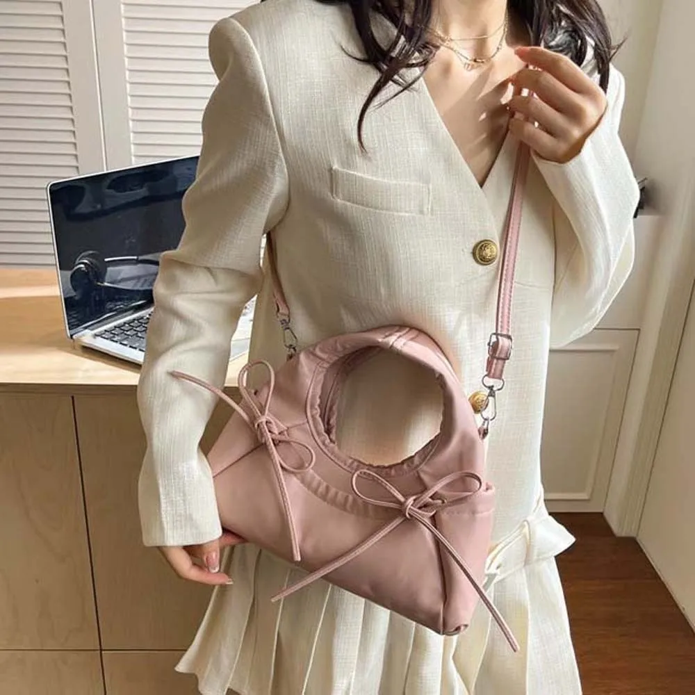 Adjustable Straps Bownot Hobo Bag Polyester Large Capacity Bow Decor Handbag Magnetic Buckle Sweet Leather Shoulder Pouch Women