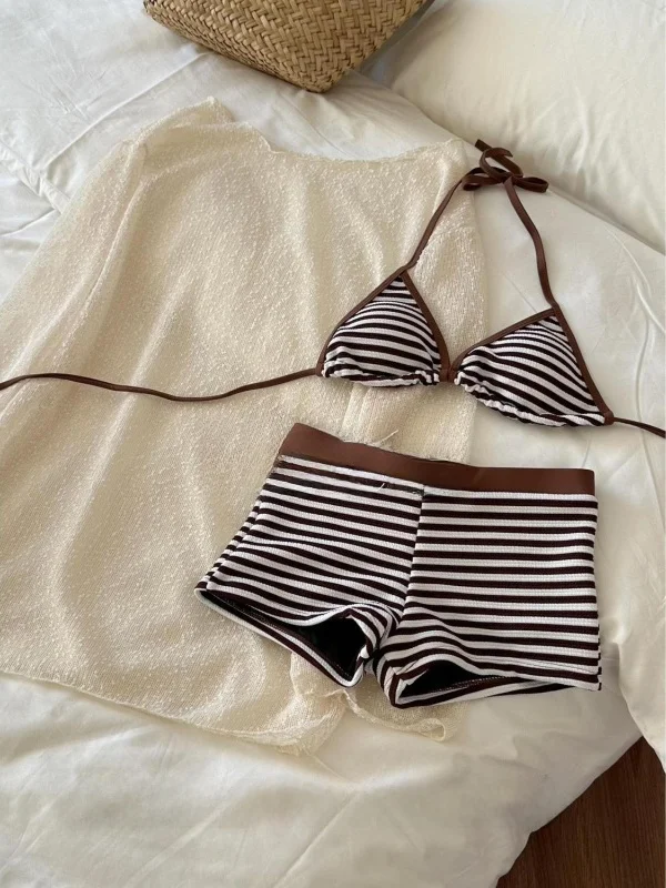 

Sexy Stripe Hanging Ne Bikini Tee Piece Set Beach Vaion Sle Meat Covering Flat Angle orts Cover up Swimsuit Hot Sp...