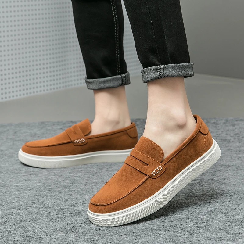 Fashion Trends Mens Black Loafers Shoes Suede Slip on Casual Dress Man’s Shoes Wedding Office White Soled Leather Shoes High-end