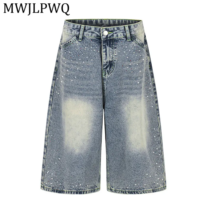 

Джинсовые шорты MWJLPWQ Street Niche Design для мужчин, летние, с декором из страз, со средней посадкой, повседневные, прямые, модные, 14839