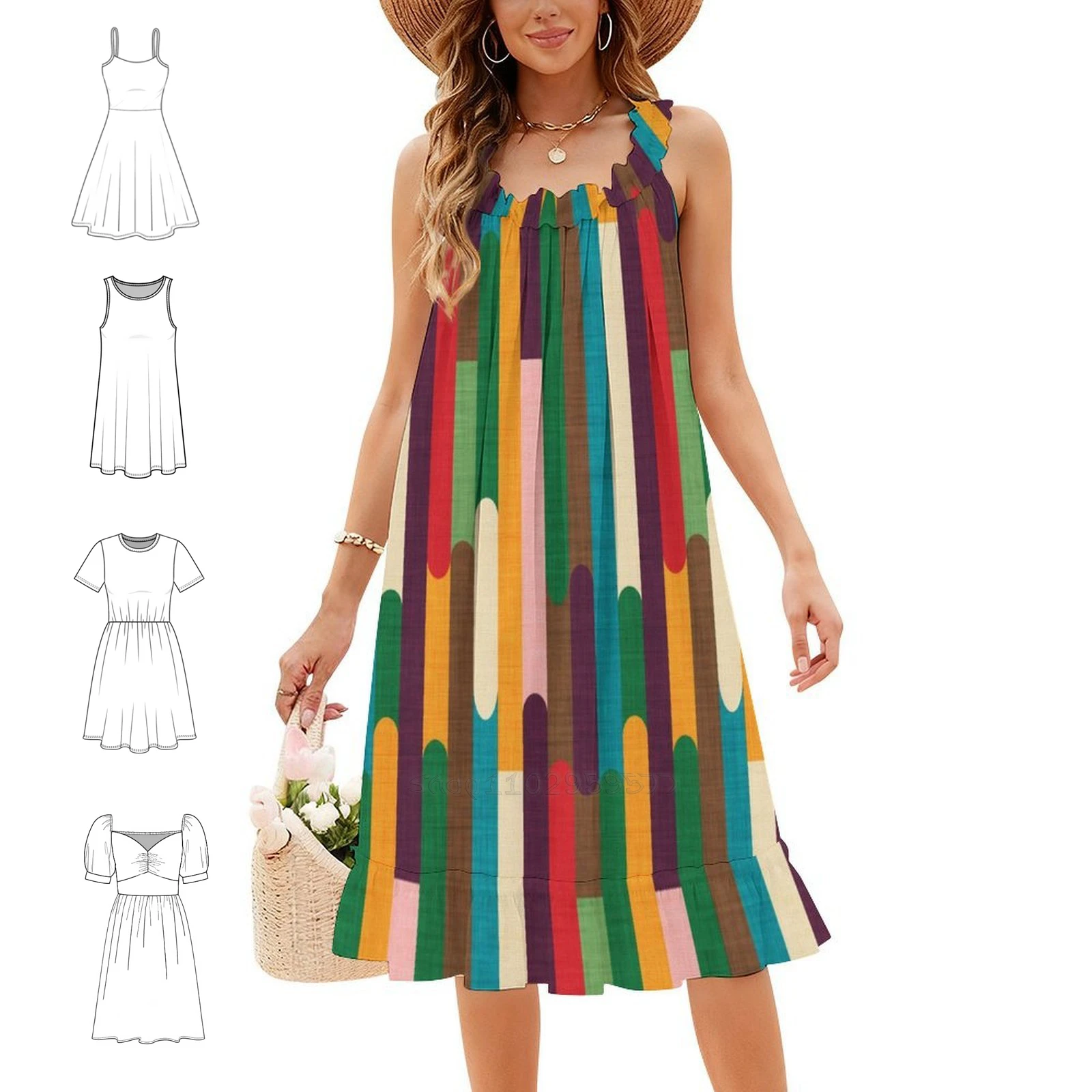 Retro Color Block Popsicle Sticks Bohemian Sleeveless Dress Multi-Print Beach Vacation Party Dress Graphic Design Pattern Retro