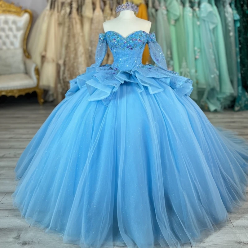 

Blue Shiny Ball Gown Quinceanera Dresses Off The Shoulder Beads Tull Party Birthday Sweet 16 Dress Vestidos 15 De Anos