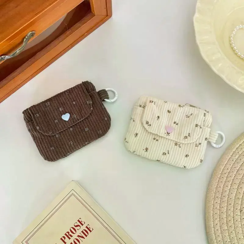 Cute Corduroy Coin Purse Lovely Floral Print Heart Snap Button Small Wallet for Kids Girls Store Change Hair Clips Daily