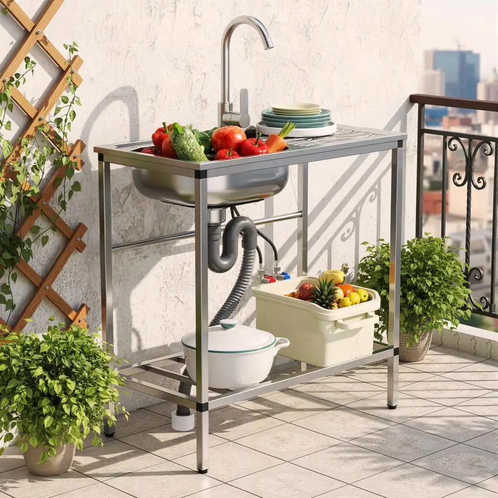 

Single bowl sink stainless steel practical sink set, independent single bowl kitchen sink, with hose hook, hot and cold faucet