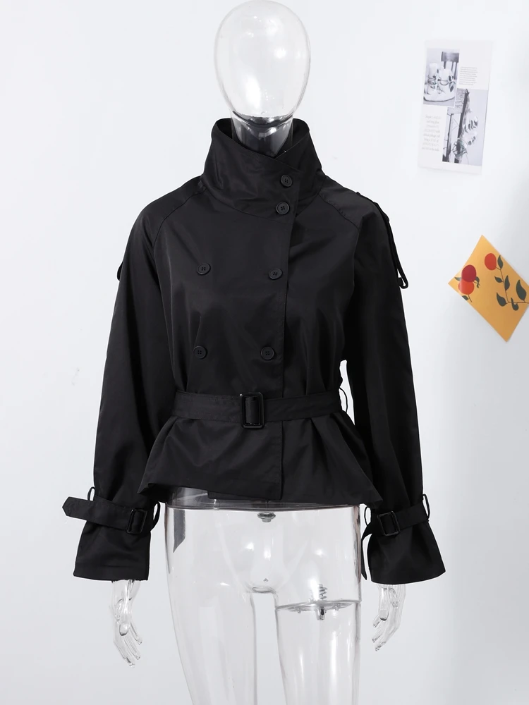 

Fashion Women's Short Belt Jackets Turtleneck Double Breasted Full Sleeve Female Trench Coats 2025 Autumn Lady Commute Outwear