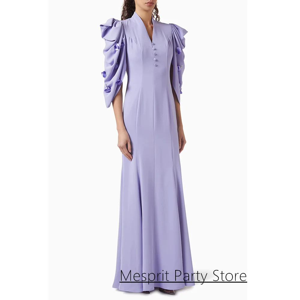 

Lilac Mermaid Prom Dress Customized Puff Sleeves V Neck Beading Flowers Buttons Saudi Arabic Evening Dresses Party Gown