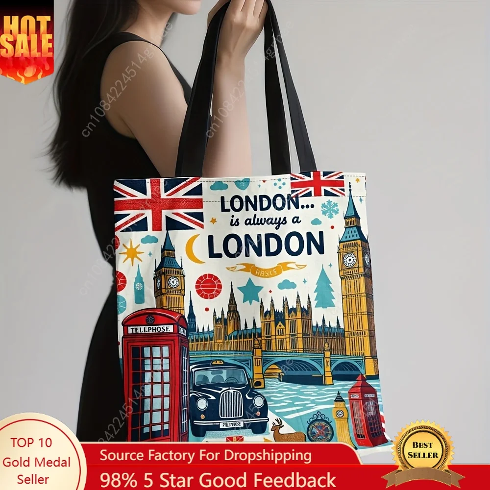 Reusable Grocery Tote Bag Women London-Themed Design Big Ben Red Phone Booths Union Jack Polyester Large Capacity Shopping Bag