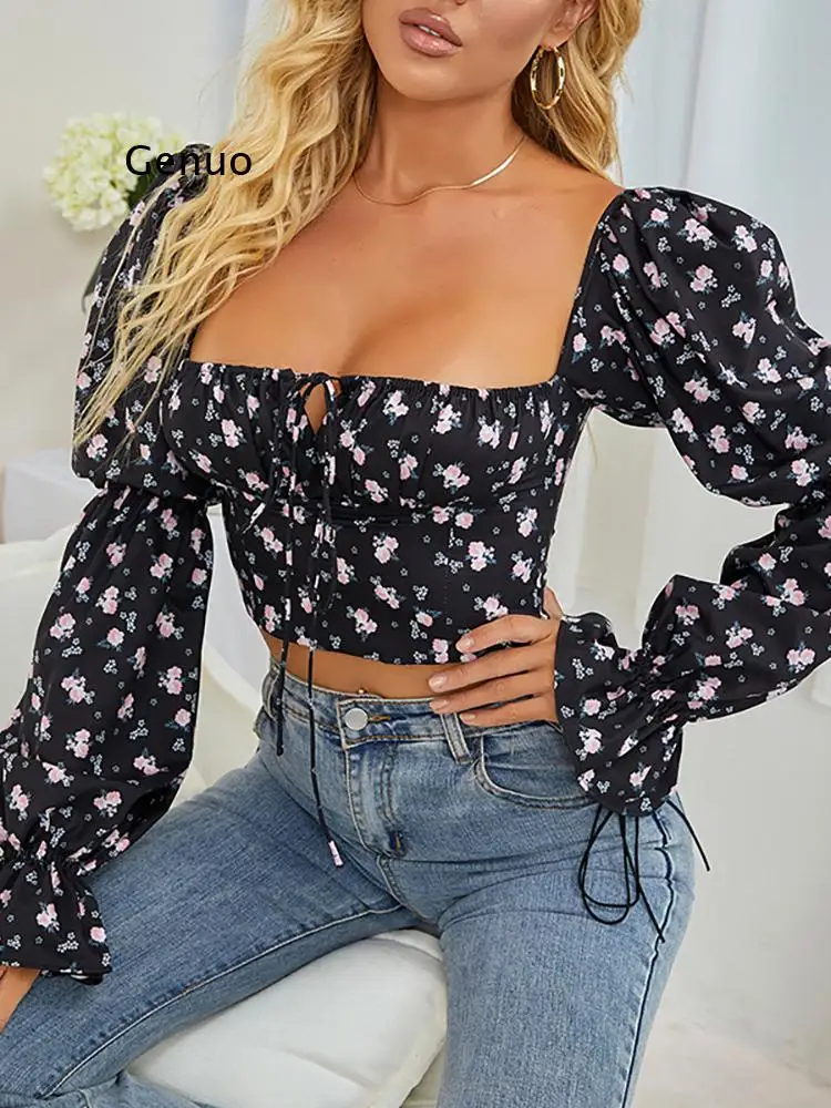 Puff Sleeve Blouse Women Floral Print Ruched Hollow Out Zipper Tie Up Slim Fit Crop Top Prairie Chic Square Neck Blouses