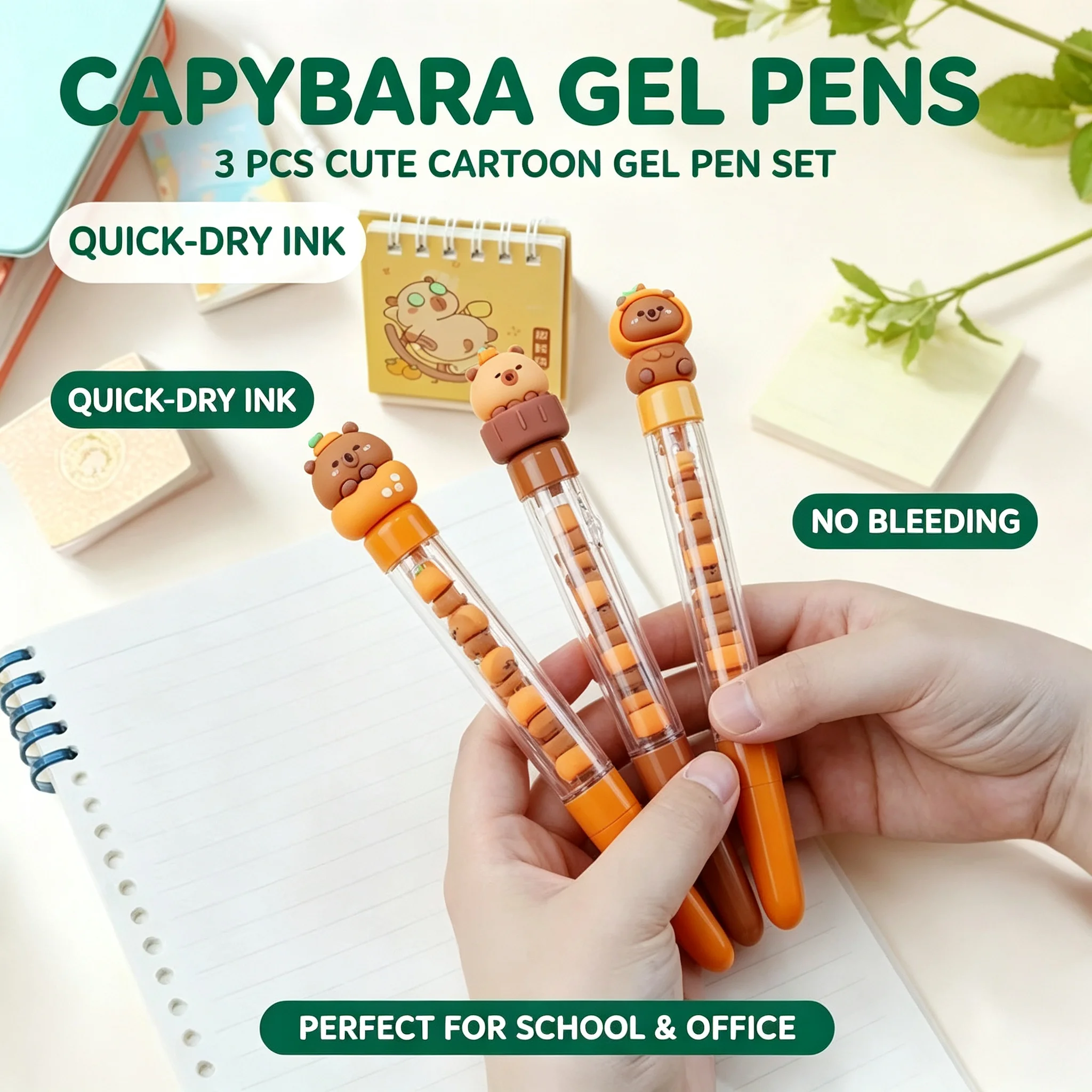 Capybara Gel Pen 3Pcs Mixed Cute Cartoon Animal Neutral Pen 0.5mm Black Ink Writing Pen School Office Stationery Gift for Kids