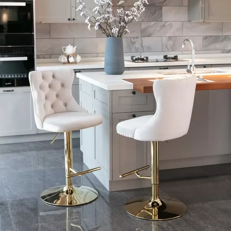 Modern Set 2 Barstools Golden Swivel Velvet Adjustable Seat Tufted Upholstered Stainless Steel Frame for Home Bar Dining